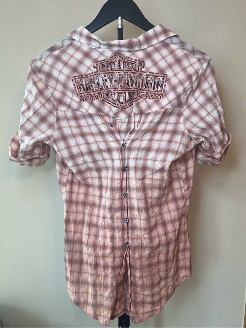 Harley Davidson Corset Back Plaid Shirt Small Pink Spellout Logo Fitted